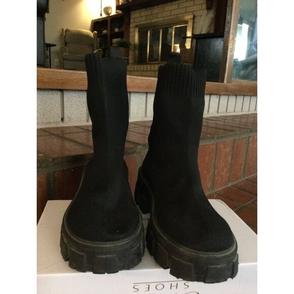 Womens Sock Boots Ladies Chunky Sole Chelsea Black Ankle Booties Size 6 - Picture 4 of 6